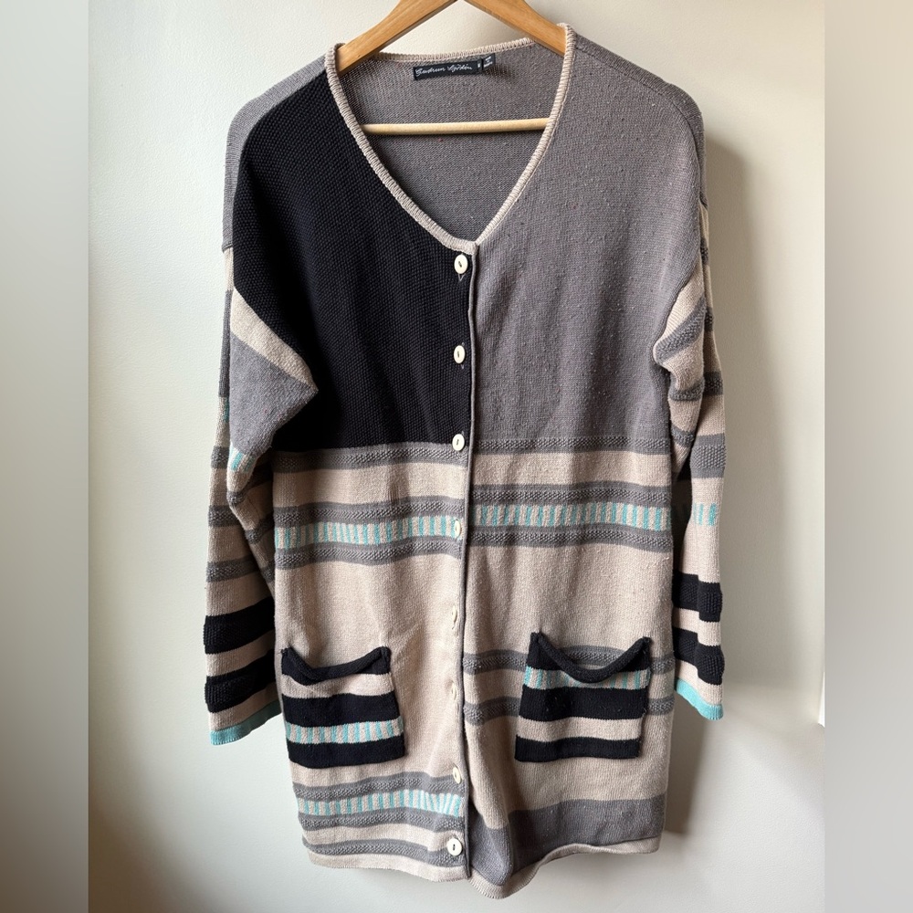 GUDRUN SJODEN Dagmar Cardigan Sweater Striped Organic Cotton Lagenlook Baggy M